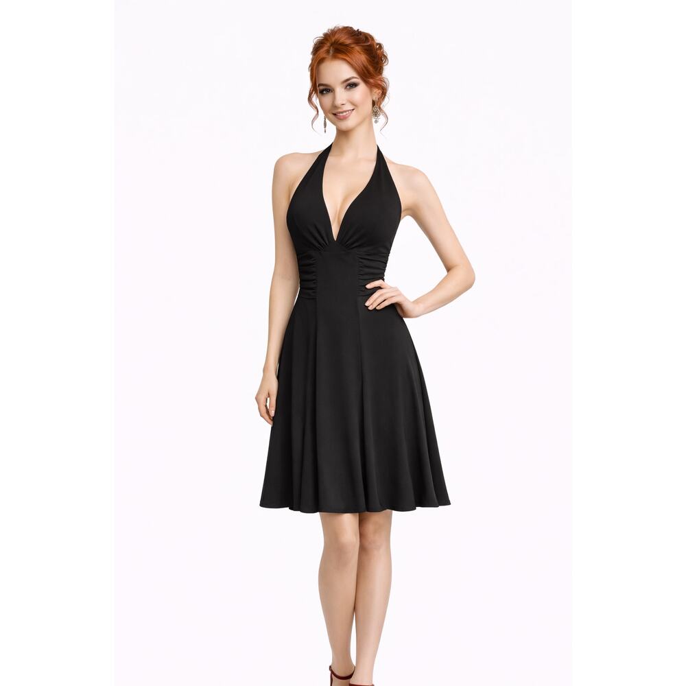 David Meister Black Halter Rhinestone Tie Back Dress- Size 6